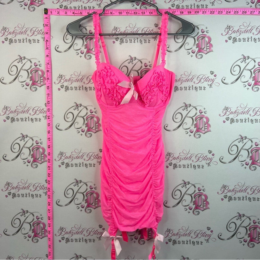 Victoria’s Secret Hot Pink Ruffled Lingerie Dress with Bow Accents & Push up